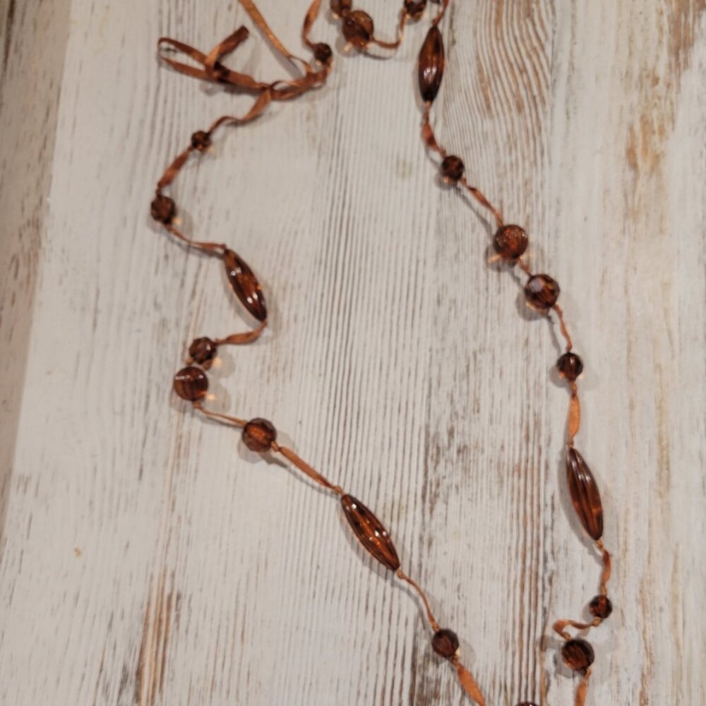 Brown Beaded and Ribbon Necklace